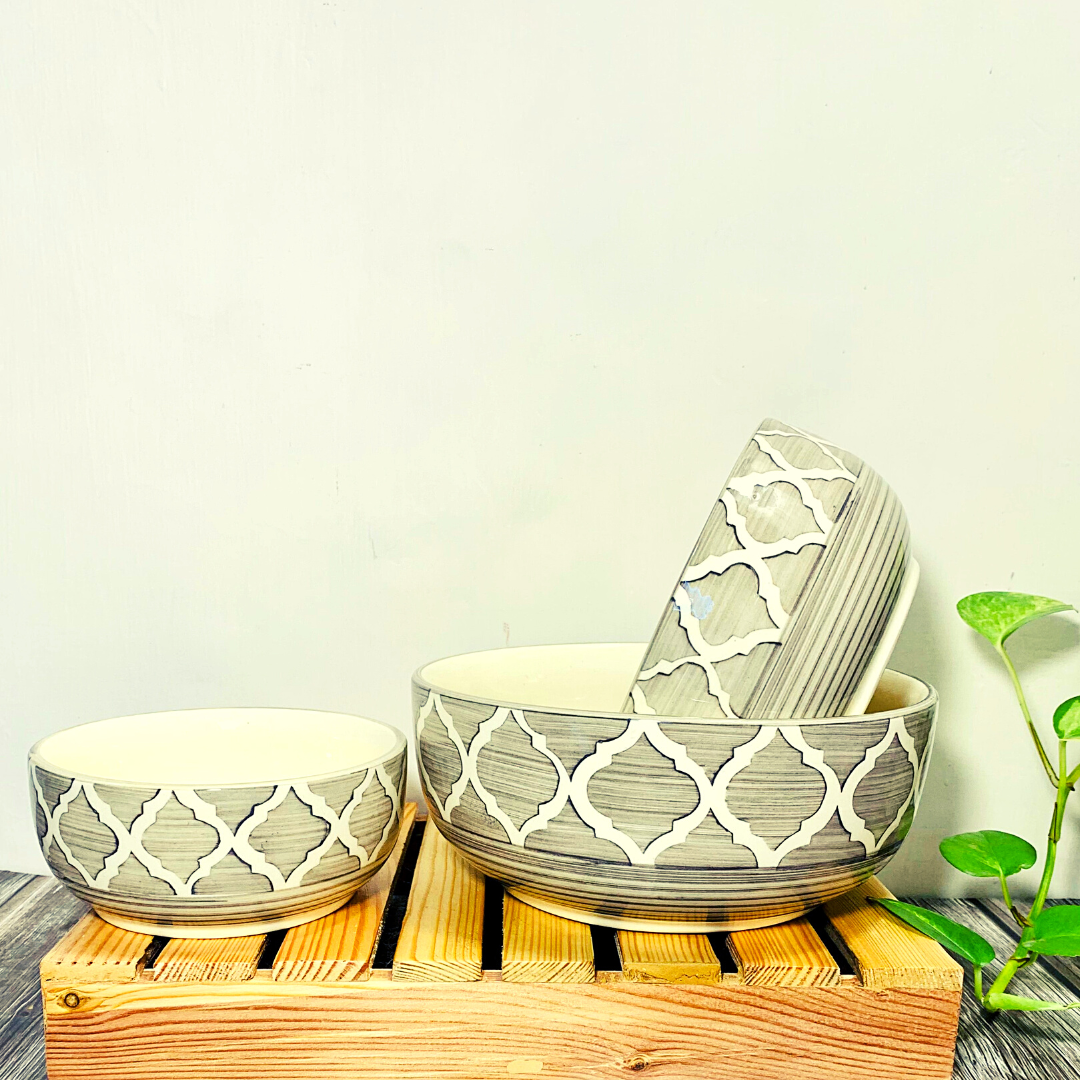 Homefrills Studio Pottery Hand-Painted Ceramic Serving & Mixing Bowls/Katoris Microwave Dishwasher Safe -Set of 3 Color -Grey